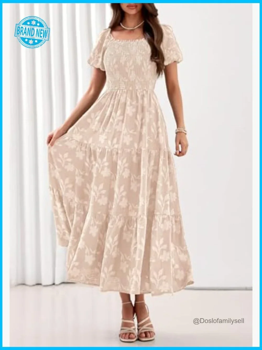 Boho Maxi Dress Floral Square Neck Smocked Bodice Flowy Tiered Summer - Picture 3 of 7